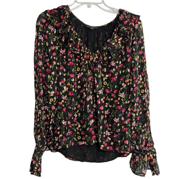 J CREW Ruffleneck Peasant Top Black Flora Gold Metallic Blouse Womens Large NWOT - Picture 1 of 15